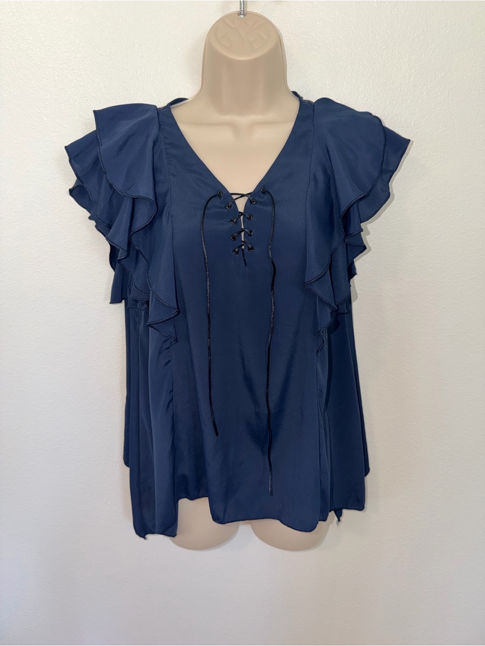 H&M Navy Lace-Up V-Neck Ruffle Sleeve Blouse